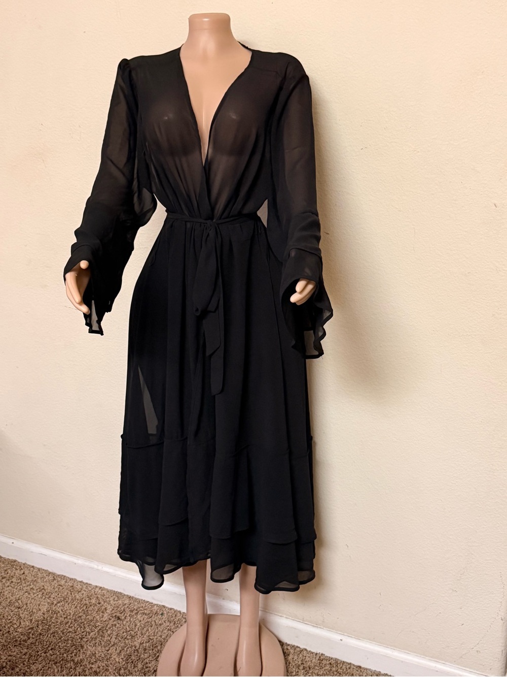 Torrid 2 Black Sheer Chiffon Wrap Maxi Dress Bell Sleeve Deep V Goth Witchy